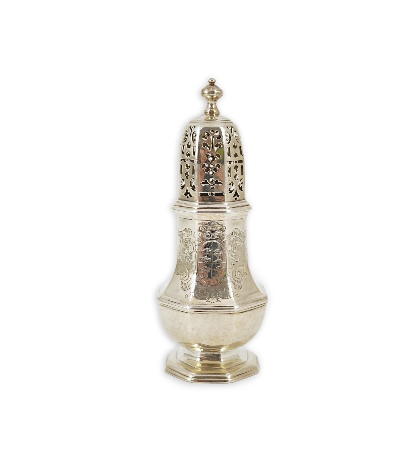 A late George I silver octagonal sugar caster, maker's mark overstruck by the date letter